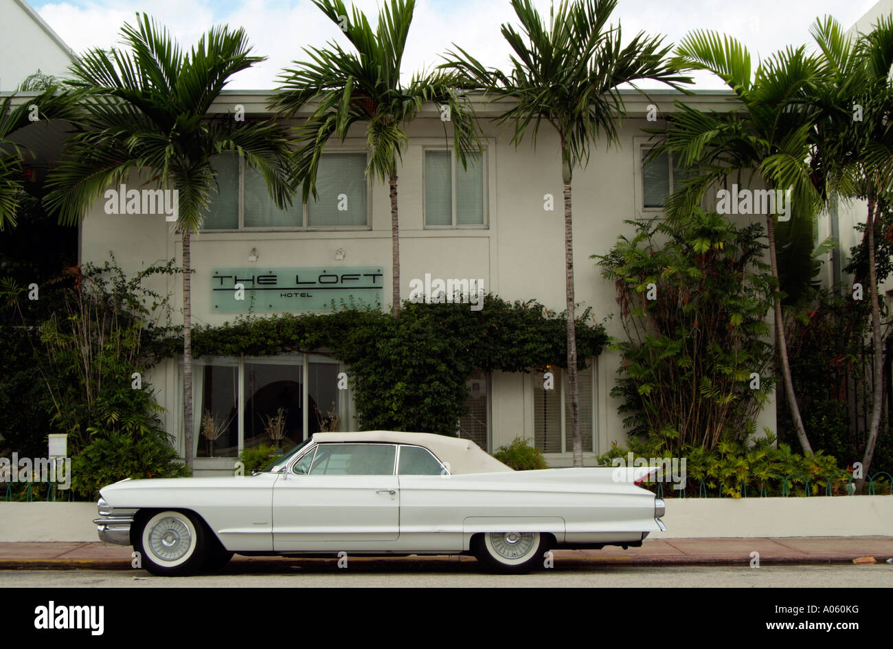 Classic american car parked. The Loft Hotel on South Beach Miami Florida USA Stock Photo
