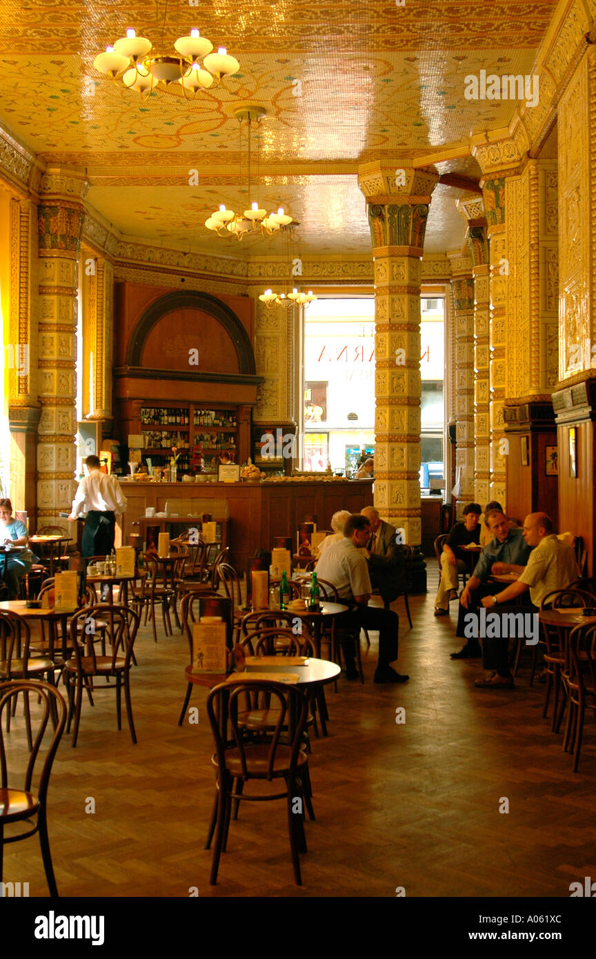Interior of Cafe Imperial with retro atmosphere decorated with elaborately carved walls and art nouveau finish in Nove Mesto quarter Prague Czech Stock Photo