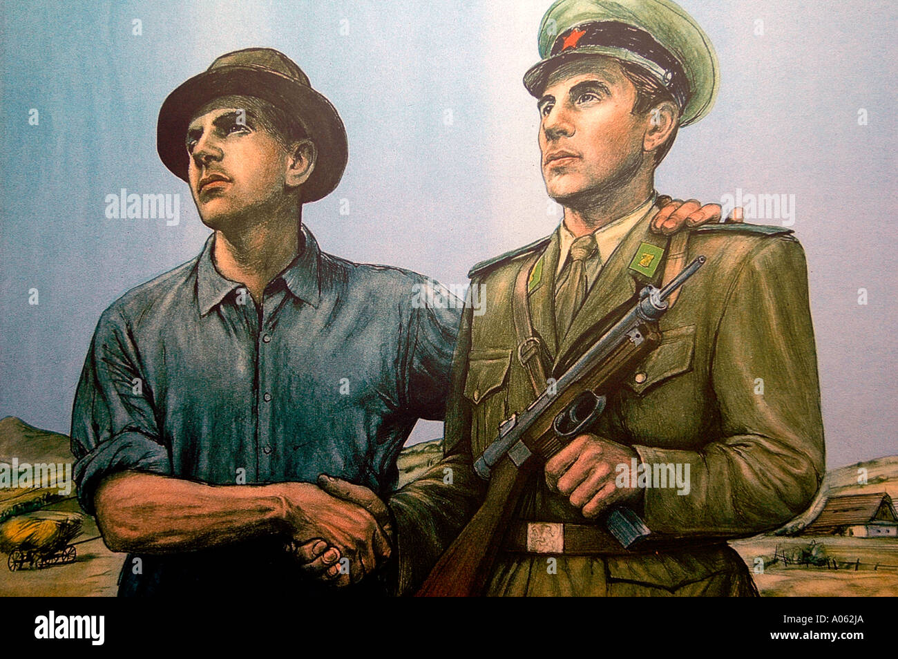 Socialist realism political oil painting depicts a soldier with a civilian shaking hands. Czech Stock Photo