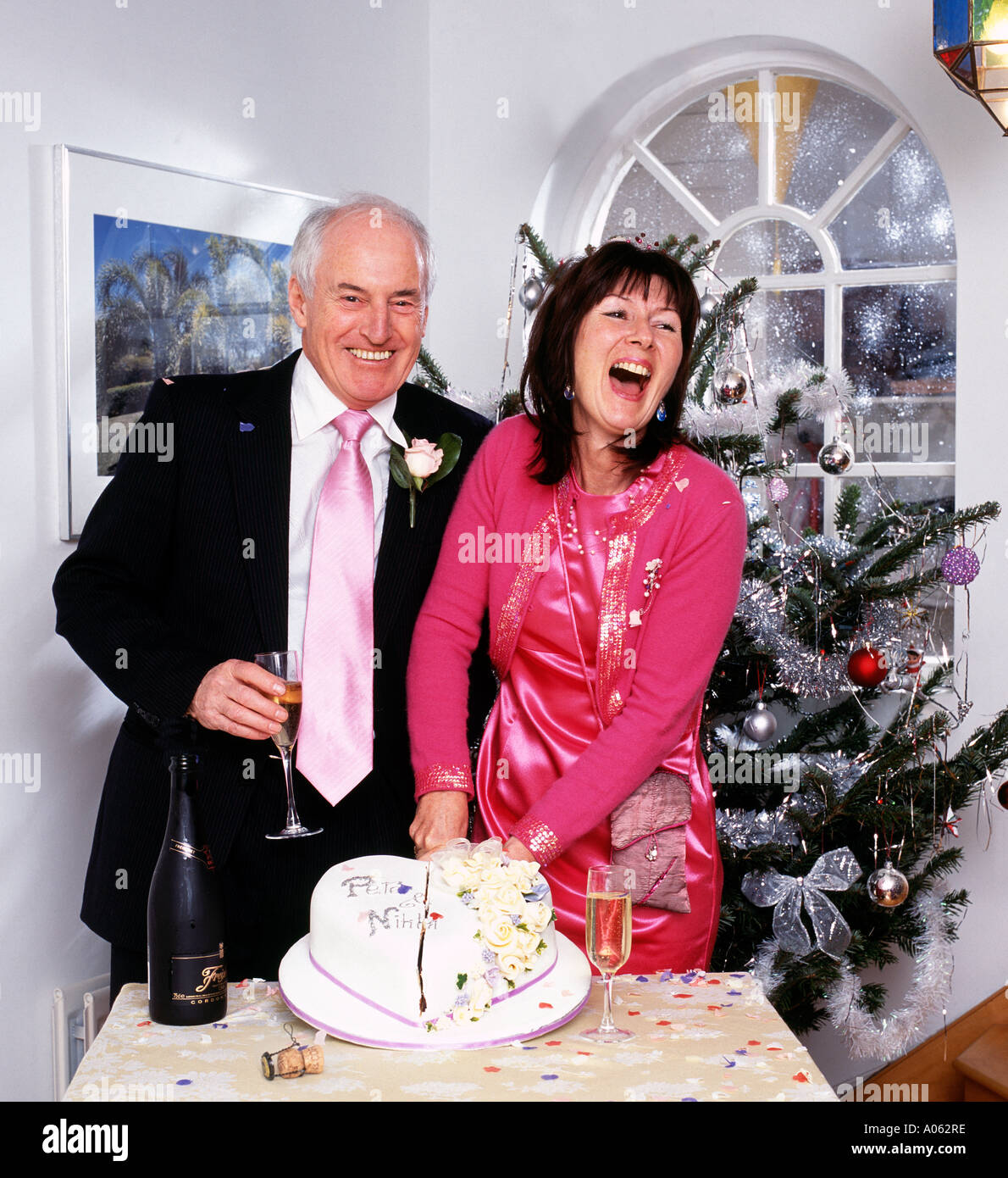 Wedding celebration cutting the cake Stock Photo