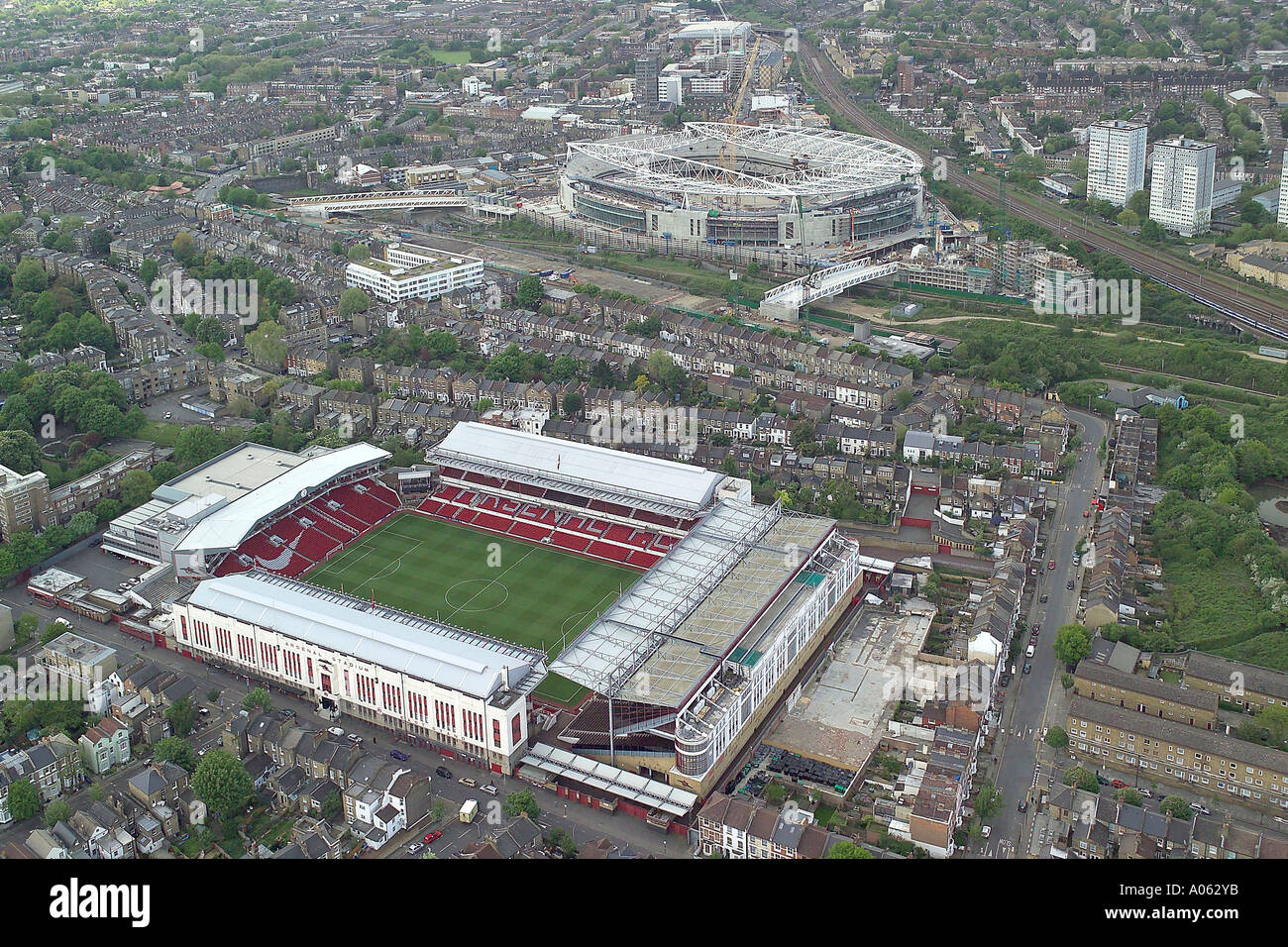 Aerial view of Arsenal Football Club showing the Highbury Stadium & the Emirates Stadium, home of the Gunners or the Gooners Stock Photo