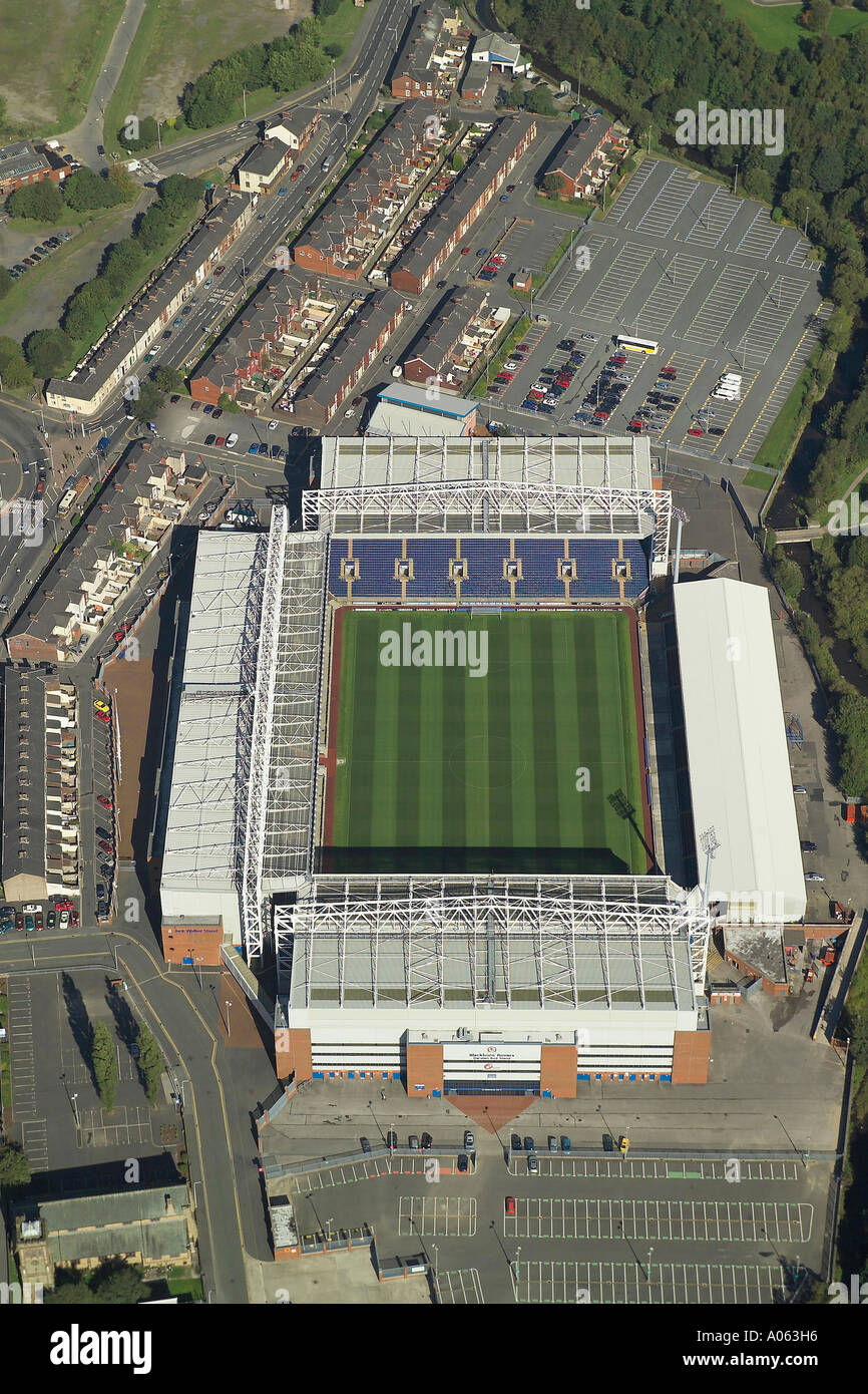 Aerial view of Blackburn Rovers Football Club in Blackburn Lancashire, also known as Ewood Park and is home to the Rovers Stock Photo