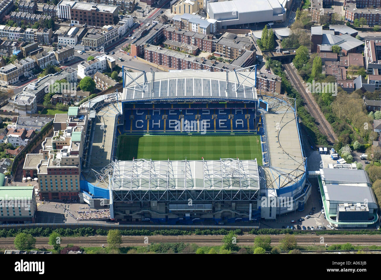 Aerial view of Chelsea Football Club in London, also known as Stamford  Bridge Stadium home to the Blues or the Pensioners Stock Photo - Alamy