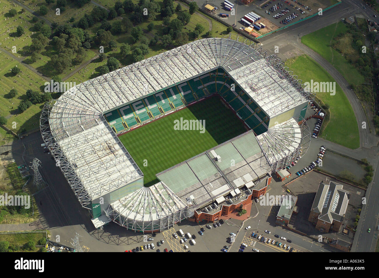 Aerial view of Celtic Football Club, also known as the Parkhead Stadium or Celtic Park, home to the Bhoys, the 'Tic of the Hoops Stock Photo