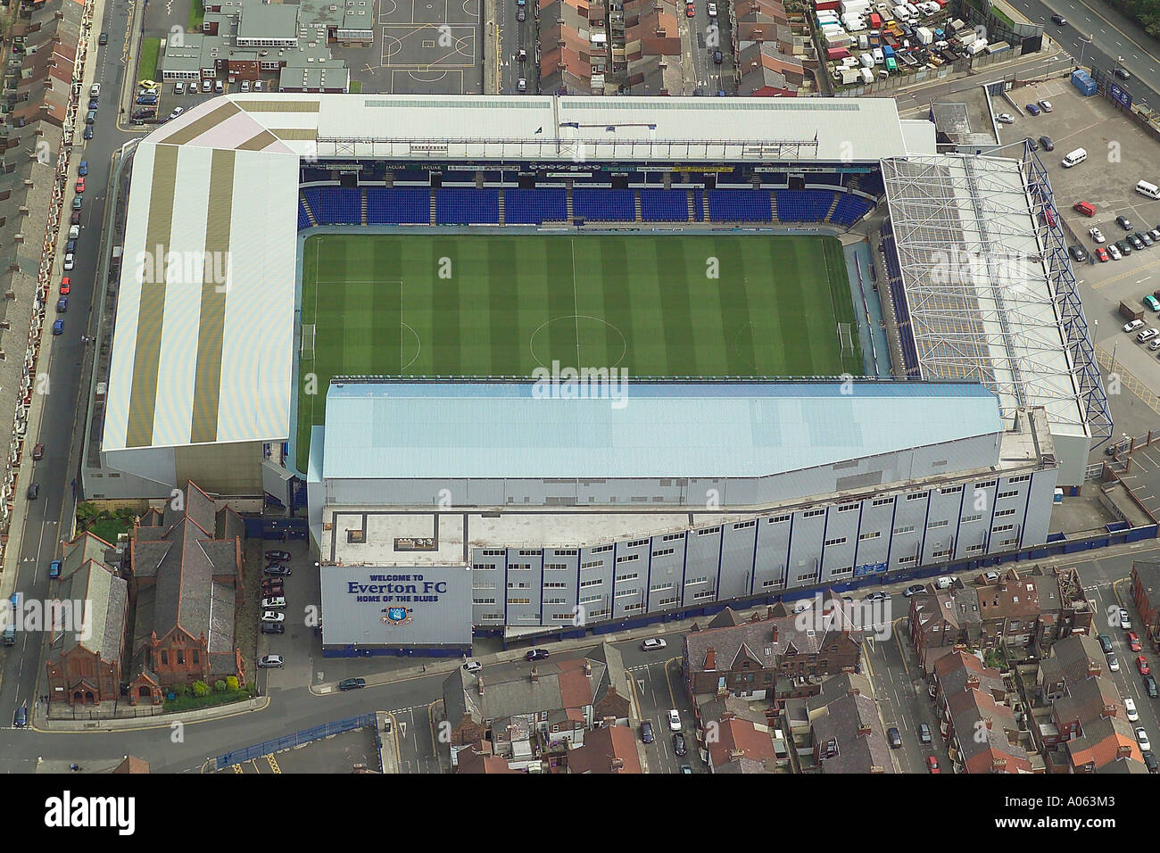 Aerial view of Everton Football Club in Liverpool also known as Goodison Park, home to the Toffees or Toffeemen and the Blues Stock Photo