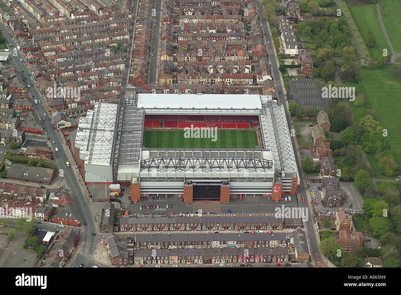 Aerial view of Liverpool Football Club who play at Anfield Stadium in Liverpool and are known as the Reds Stock Photo