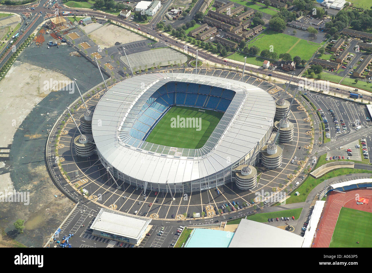 Aerial view of Manchester City Football Club who play at the City of Manchester Stadium. The team is known as City & the Blues Stock Photo