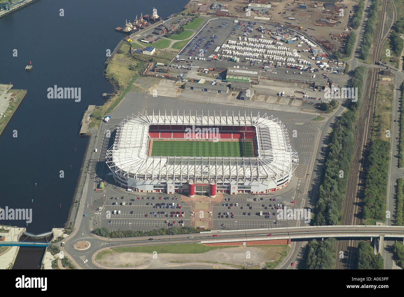 Aerial view of Middlesbrough Football Club also known as the Riverside Stadium, which is home to the Boro Stock Photo
