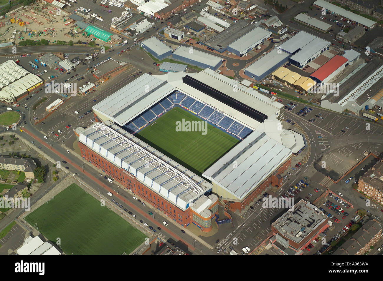 Aerial view of Glasgow Rangers Football Club in Scotland. It is also known as the Ibrox Stadium, home to the Gers Stock Photo
