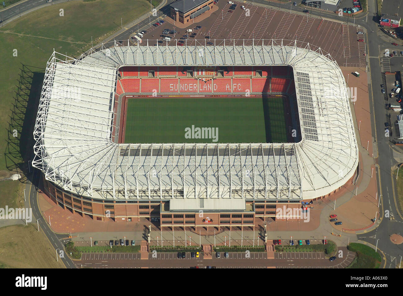 Aerial view of Sunderland Association Football Club. It is also known as the Stadium of Light and is home to the Black Cats Stock Photo