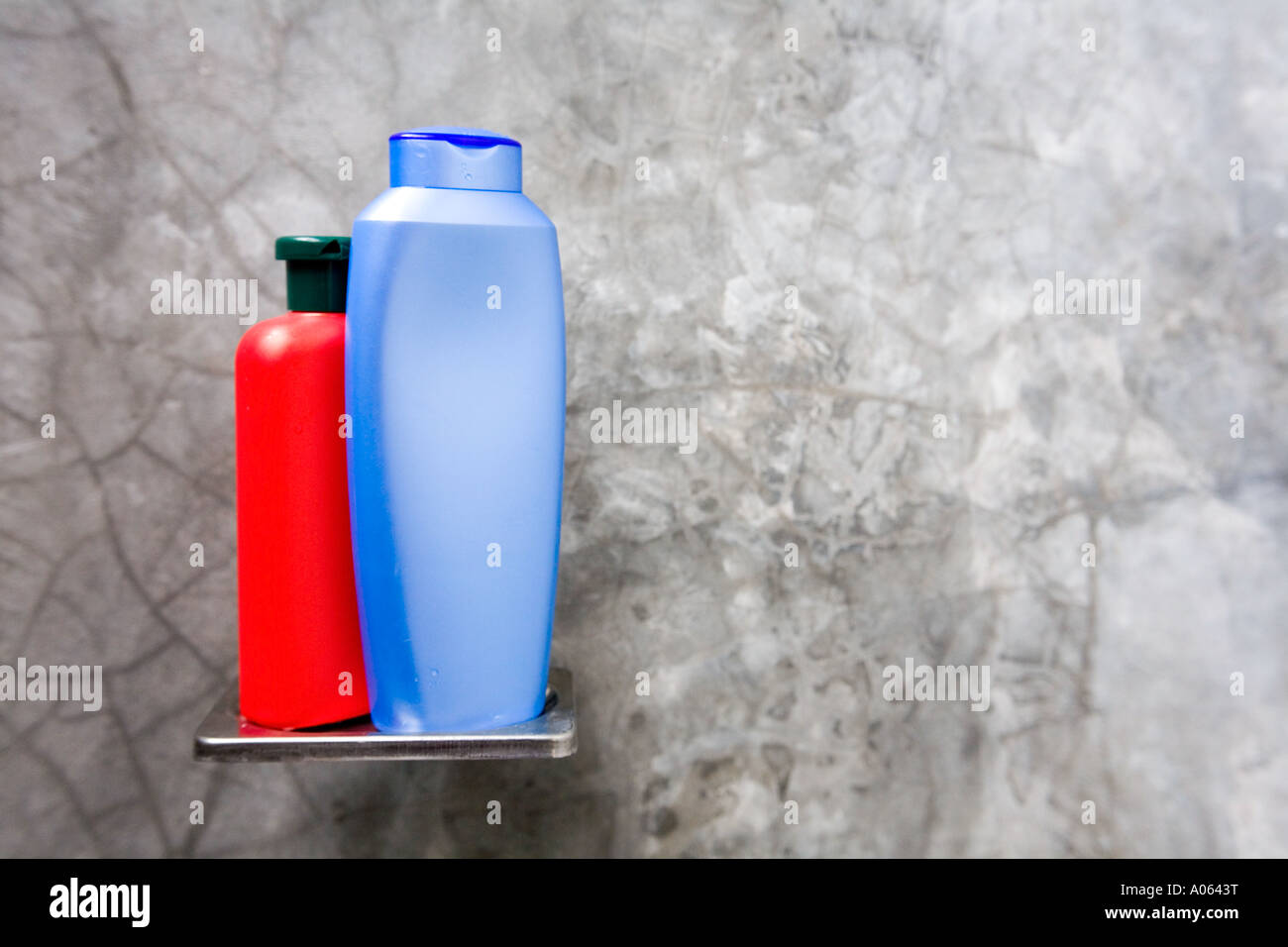 Shampoo and conditioner bottles on a small bathroom shelf in a modern