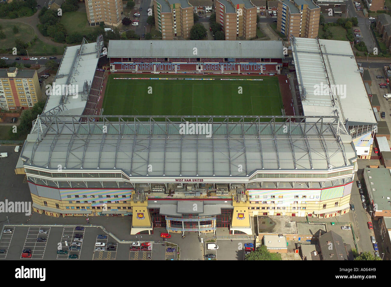 Aerial view of West Ham United Football Club in London, also known as Upton Park or the Boleyn Ground, home of the Hammers Stock Photo