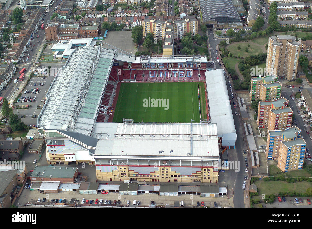 Aerial view of West Ham United Football Club in London, also known as Upton Park or the Boleyn Ground, home of the Hammers Stock Photo