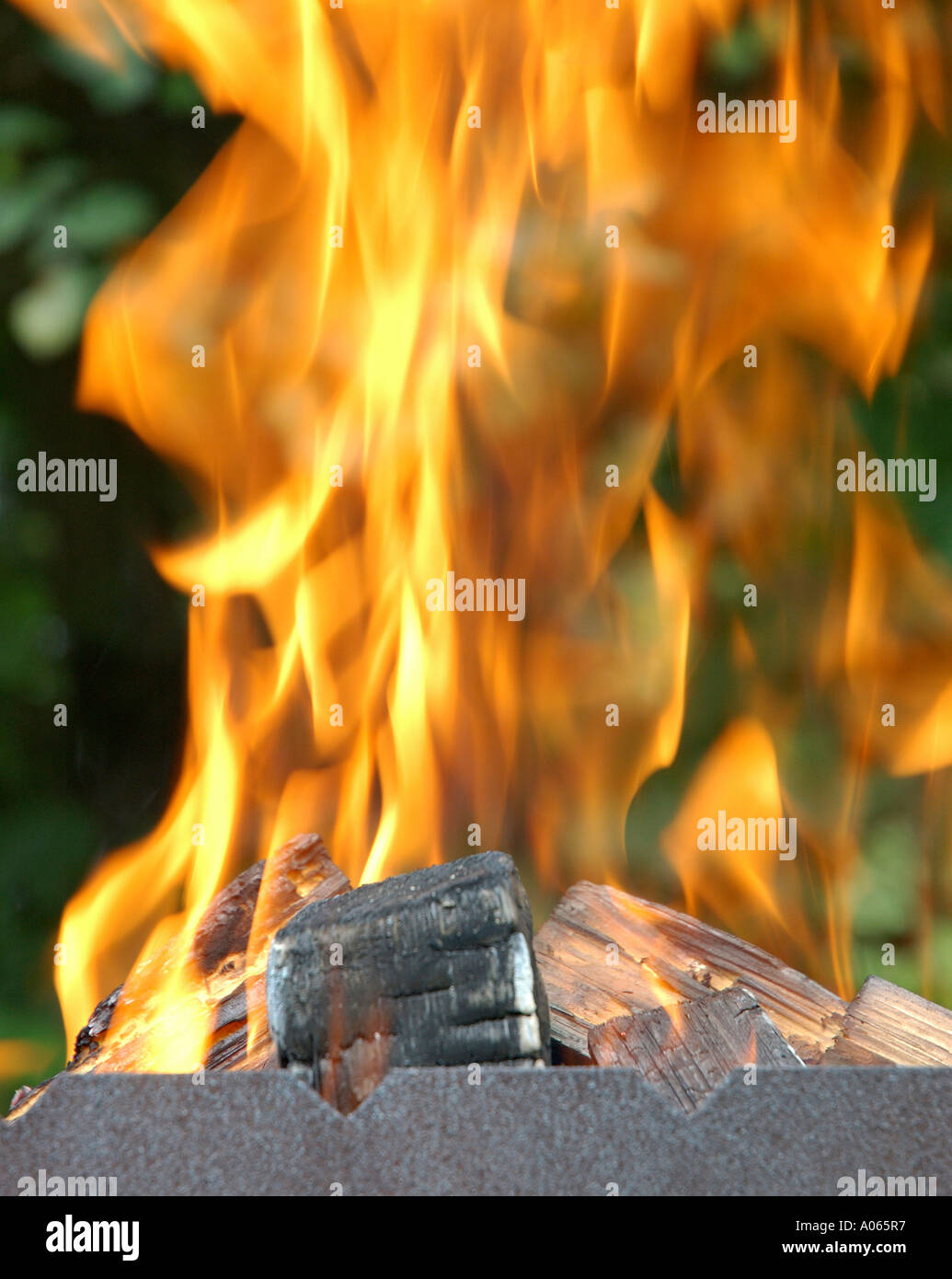 Front view of burning wood seen with bright flames Stock Photo