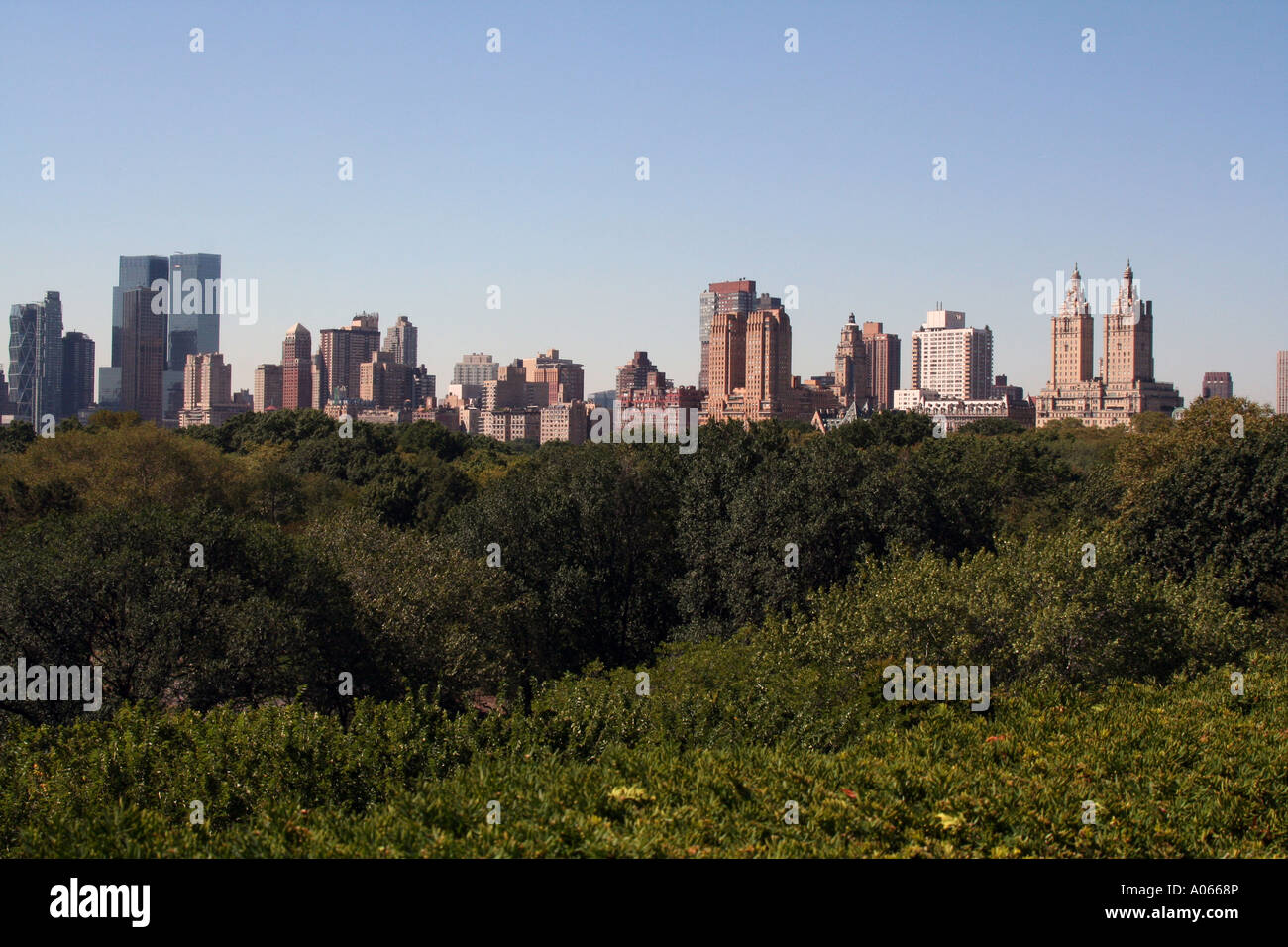 View of the New York skyline, across Central Park, from the Metropolitan Museum Stock Photo