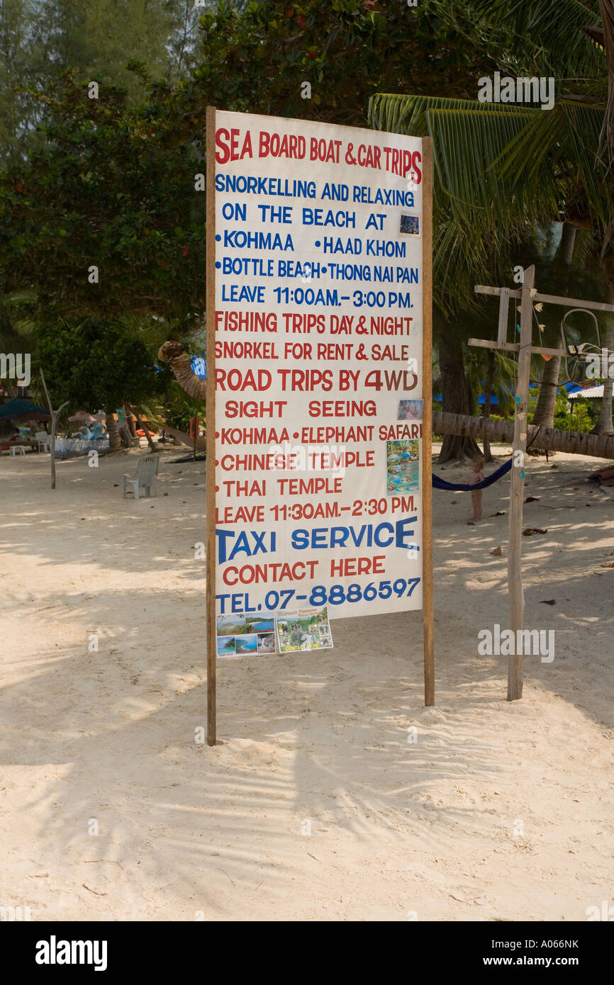 Tourist activities sign Hat Yao beach, Ko Pha ngan, Thailand. Stock Photo