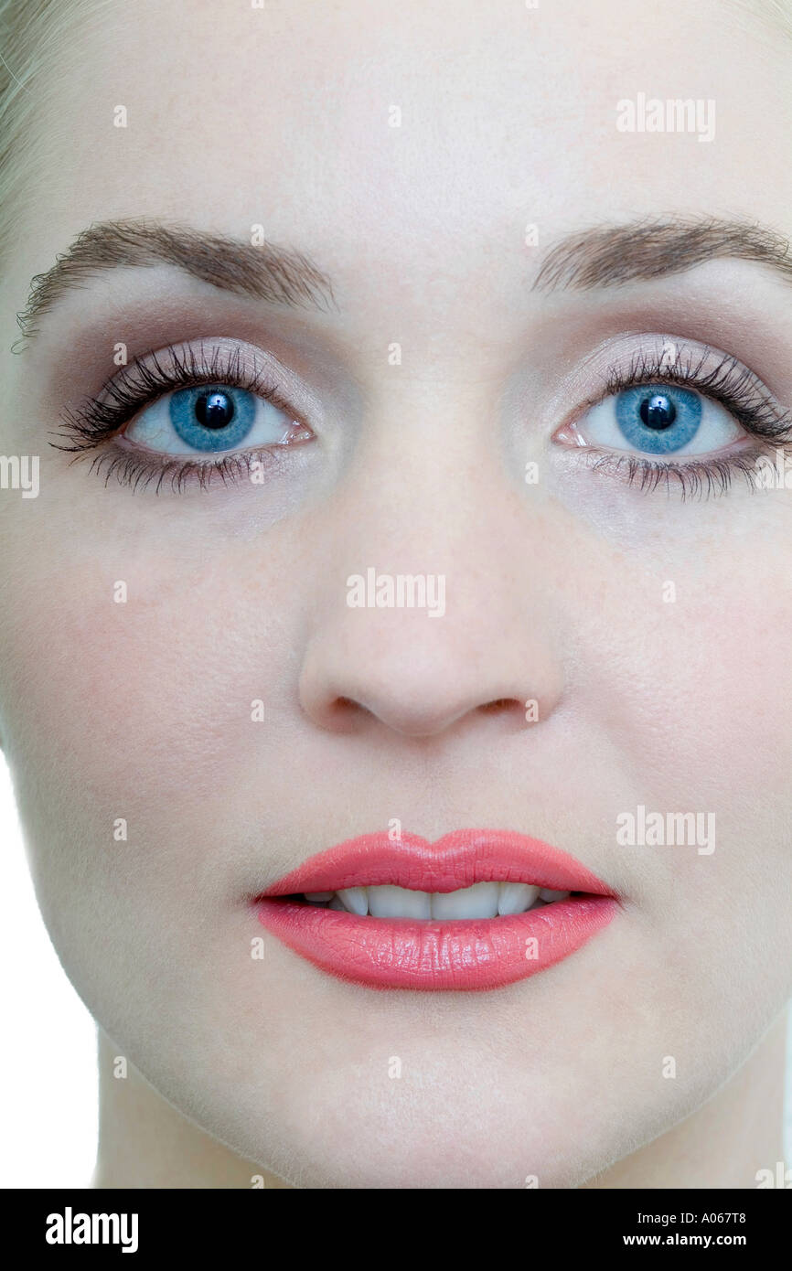 Close up of the face of a blue eyed woman having a fair complexion Stock Photo