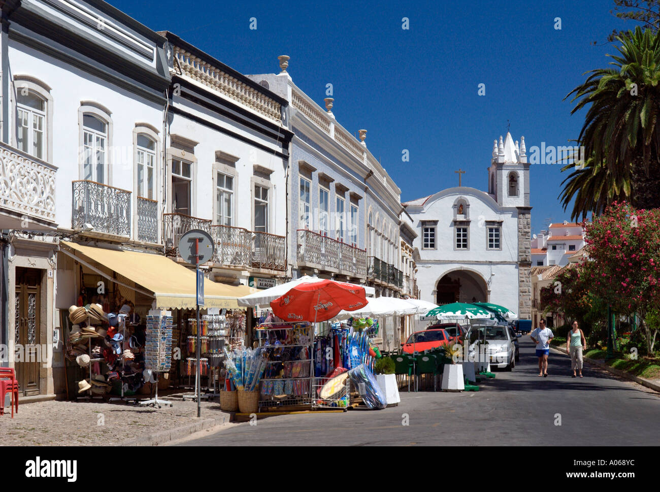 Tavira, Street Scene with the church of Sao Paulo Stock Photo