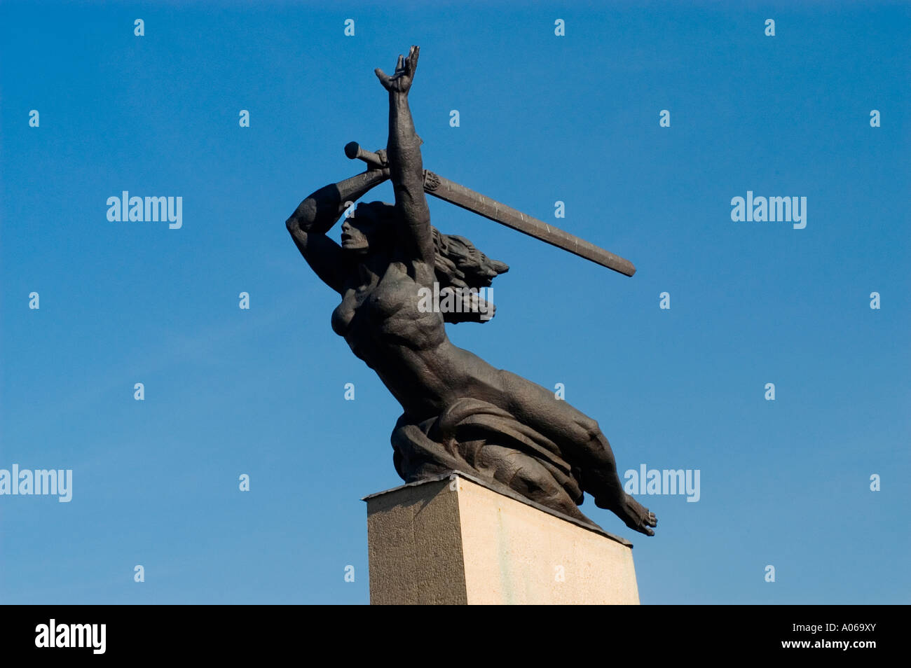 Nike with sword statue with blue sky background Warsaw Poland Stock Photo