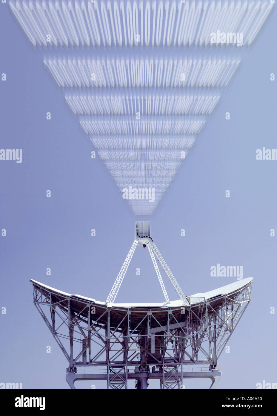 Communications satellite dish. Up link and binary numbers Stock Photo