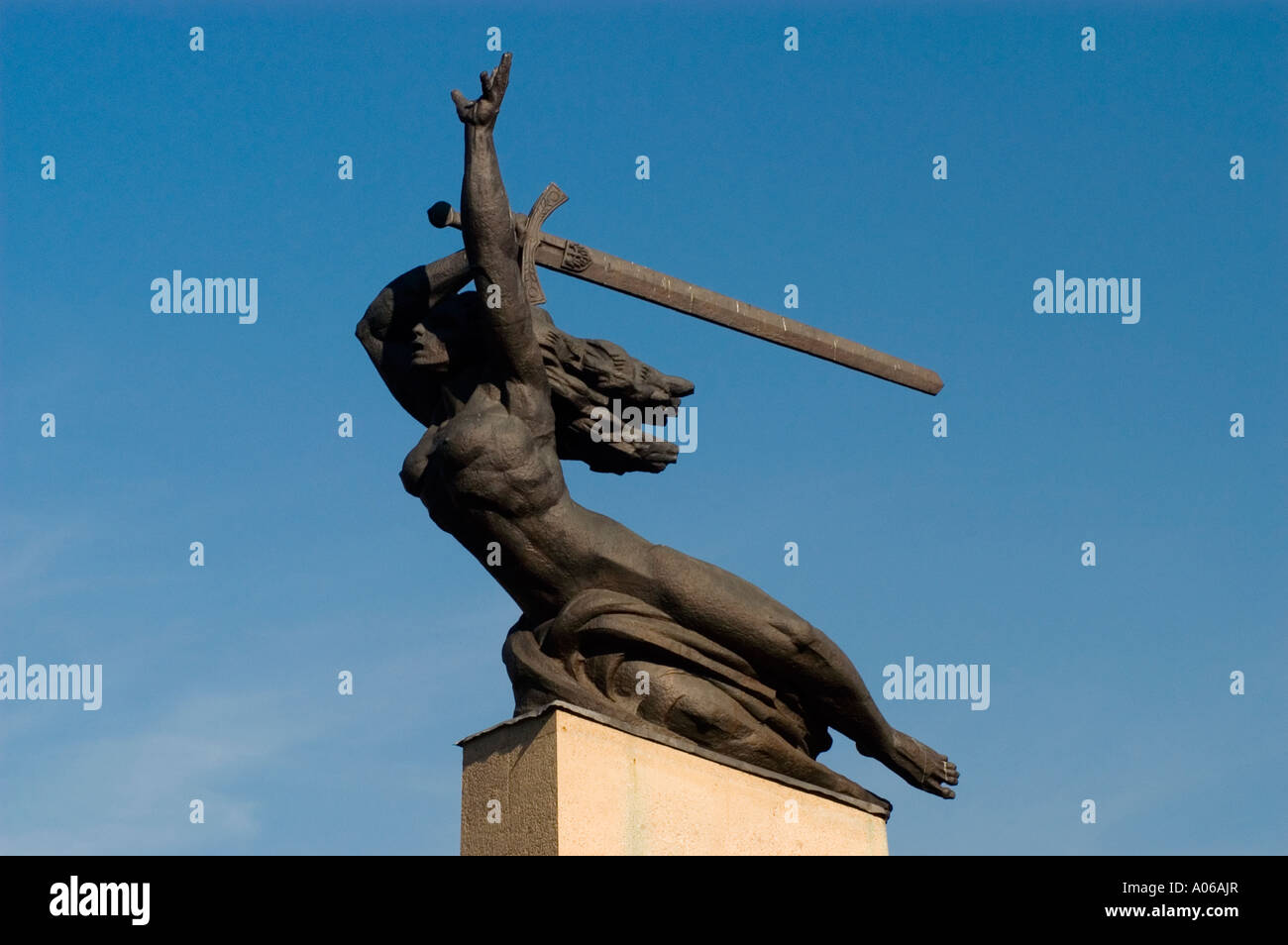 Nike with sword statue with blue sky background Warsaw Poland Stock Photo