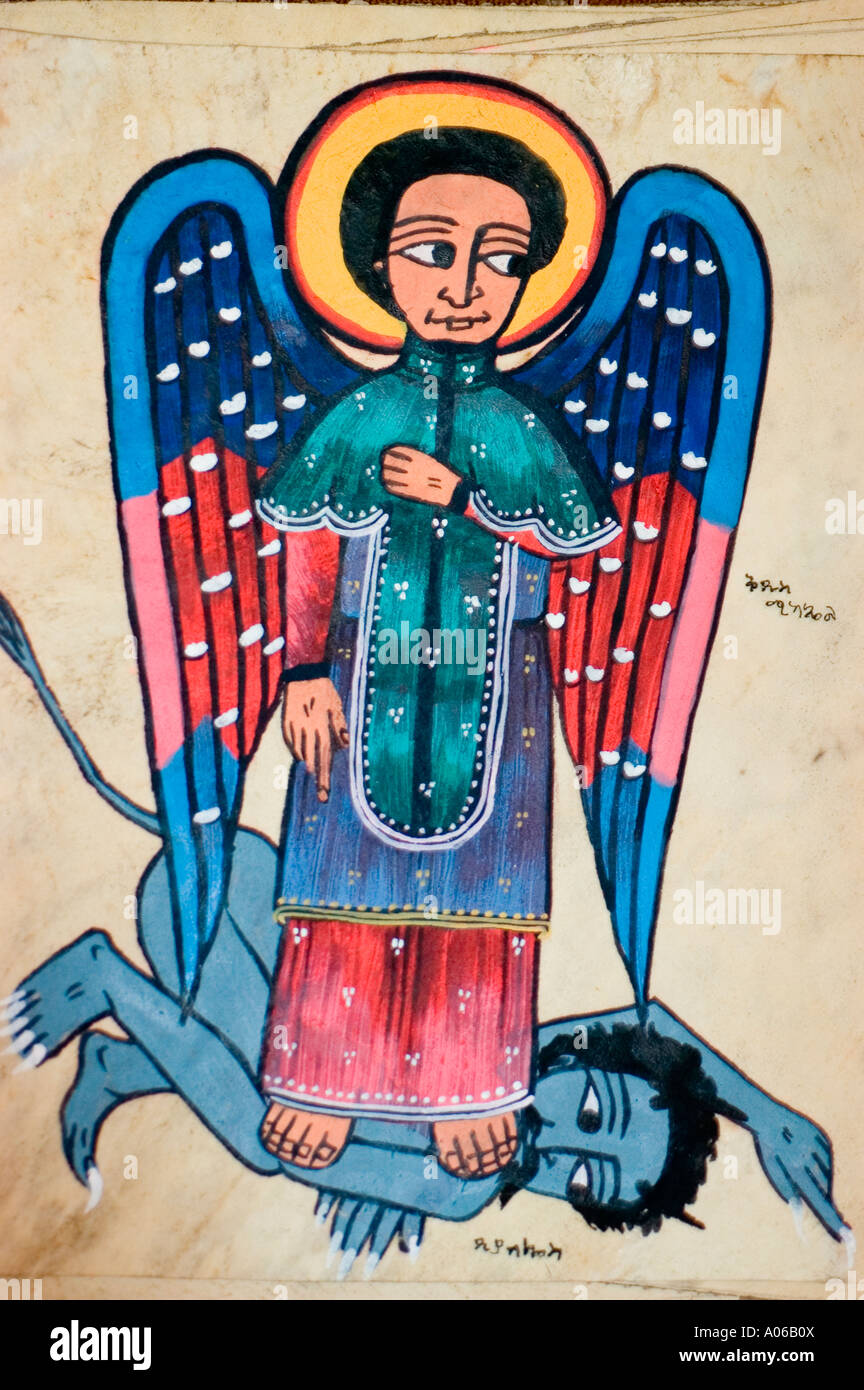 Ethiopian Coptic Orthodox Church painting of Angel conquering Devil