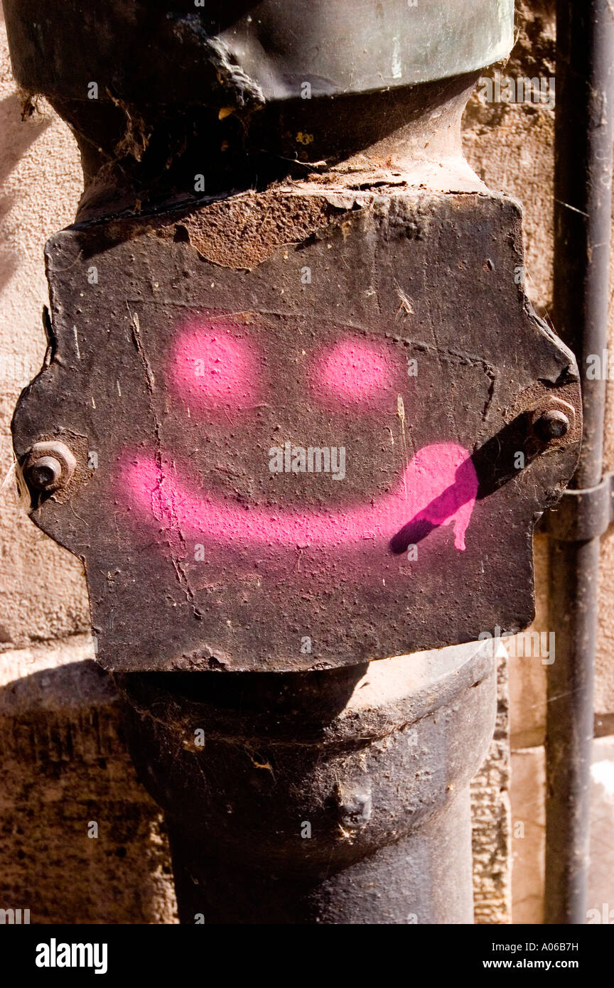 Pink sprayed Smiley sign on metal plate Stock Photo