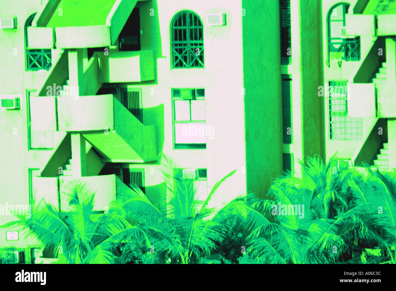 Green apartment staircases art Margarita Island 199 Stock Photo