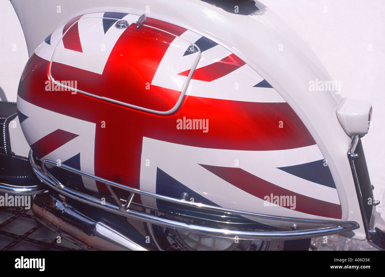 Union Jack flag painted on side panel of Piaggio Vespa motor scooter, London, England Stock Photo