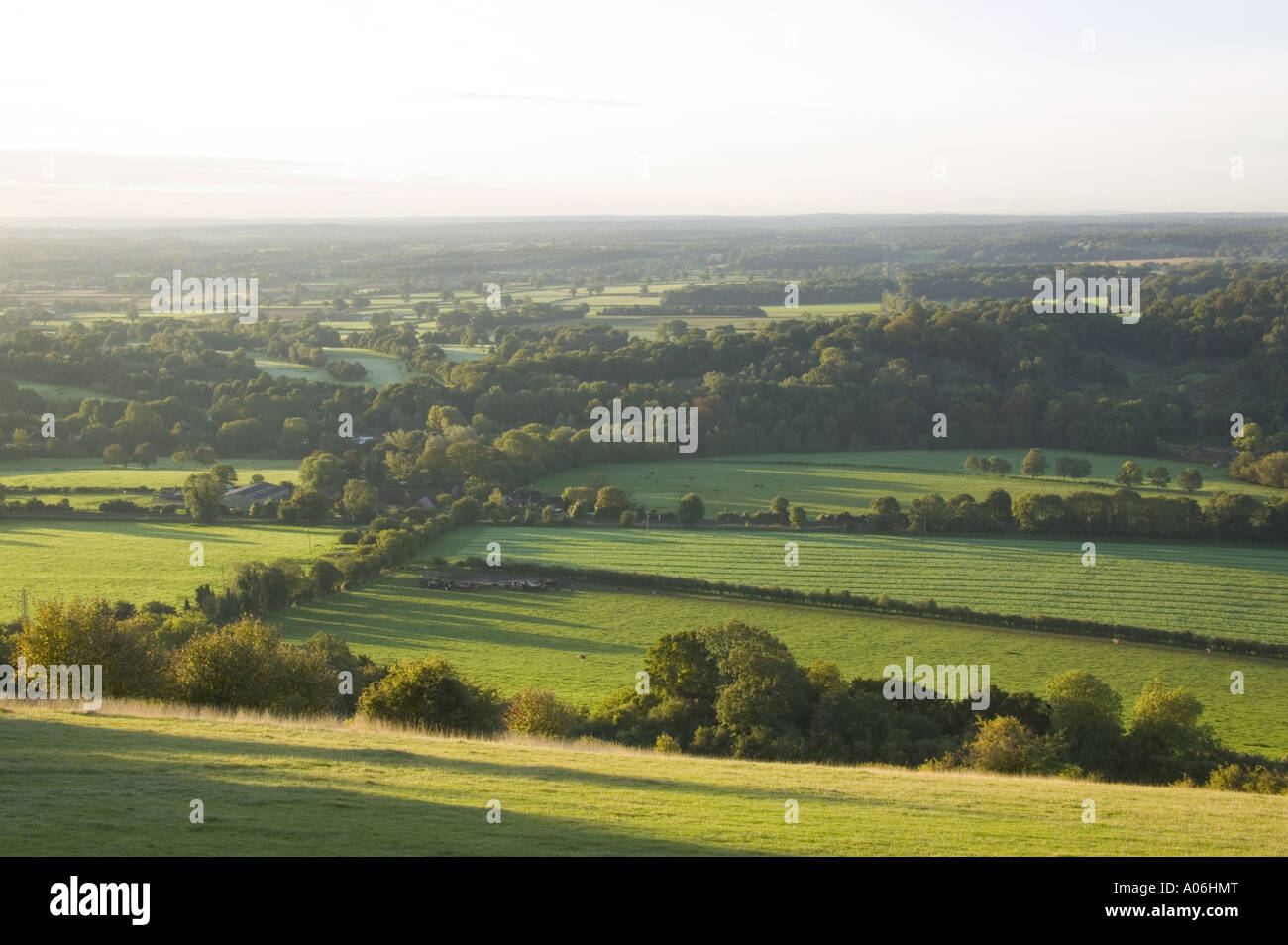 Early morning light across countryside at Boxhill Stock Photo