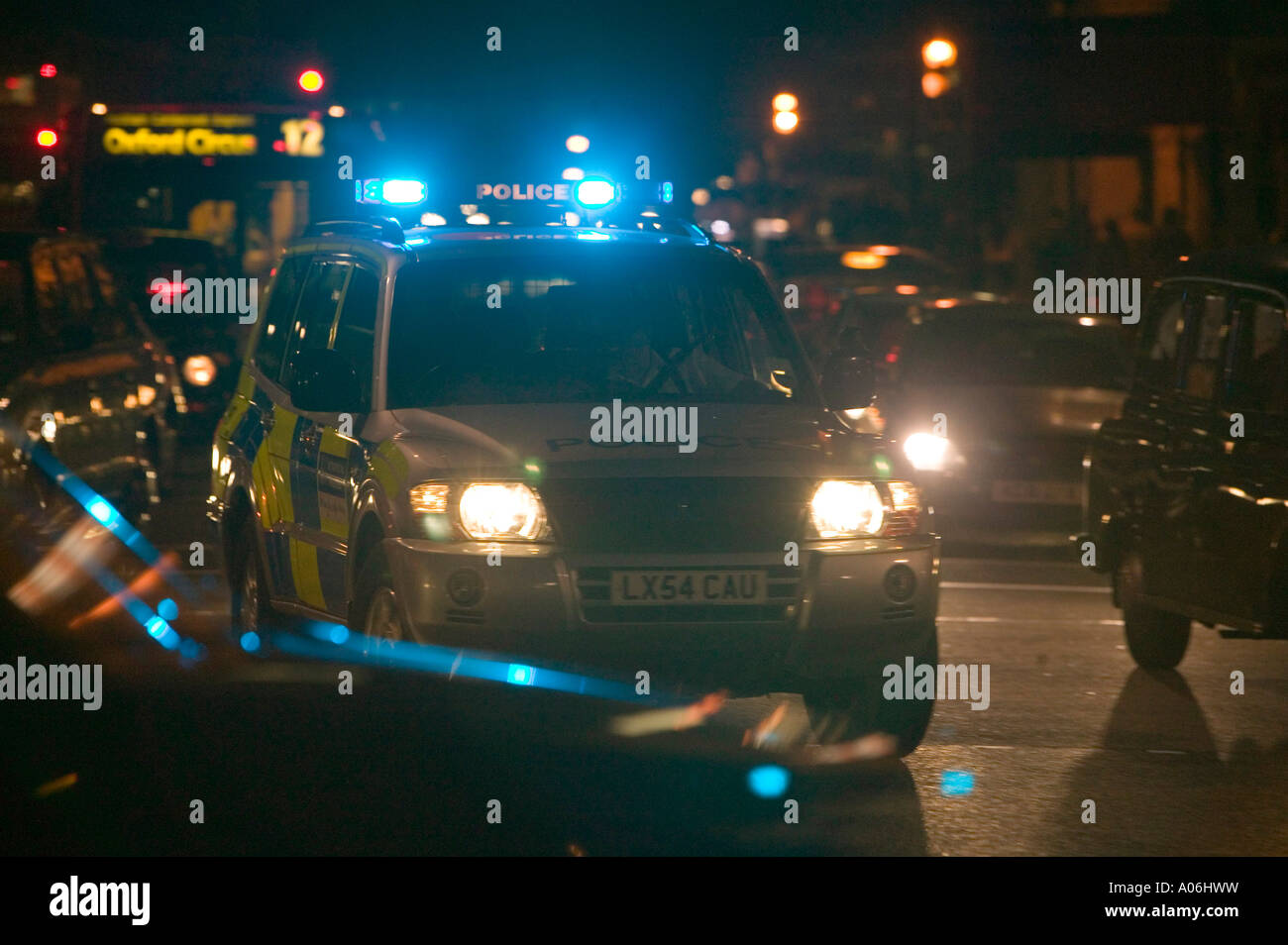 a police car on  an emergency call racing through the streets of London, UK Stock Photo