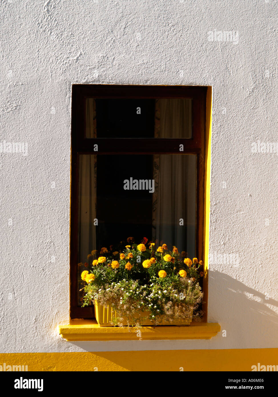 WHITE and YELLOW COTTAGE WINDOW with yellow flowers in the window box Eire Ireland Stock Photo
