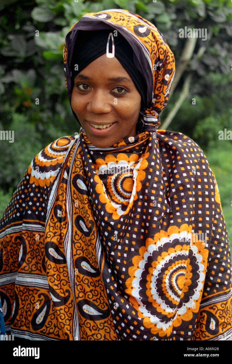 A young Zanzibari woman wearing the traditional Khanga Stock Photo