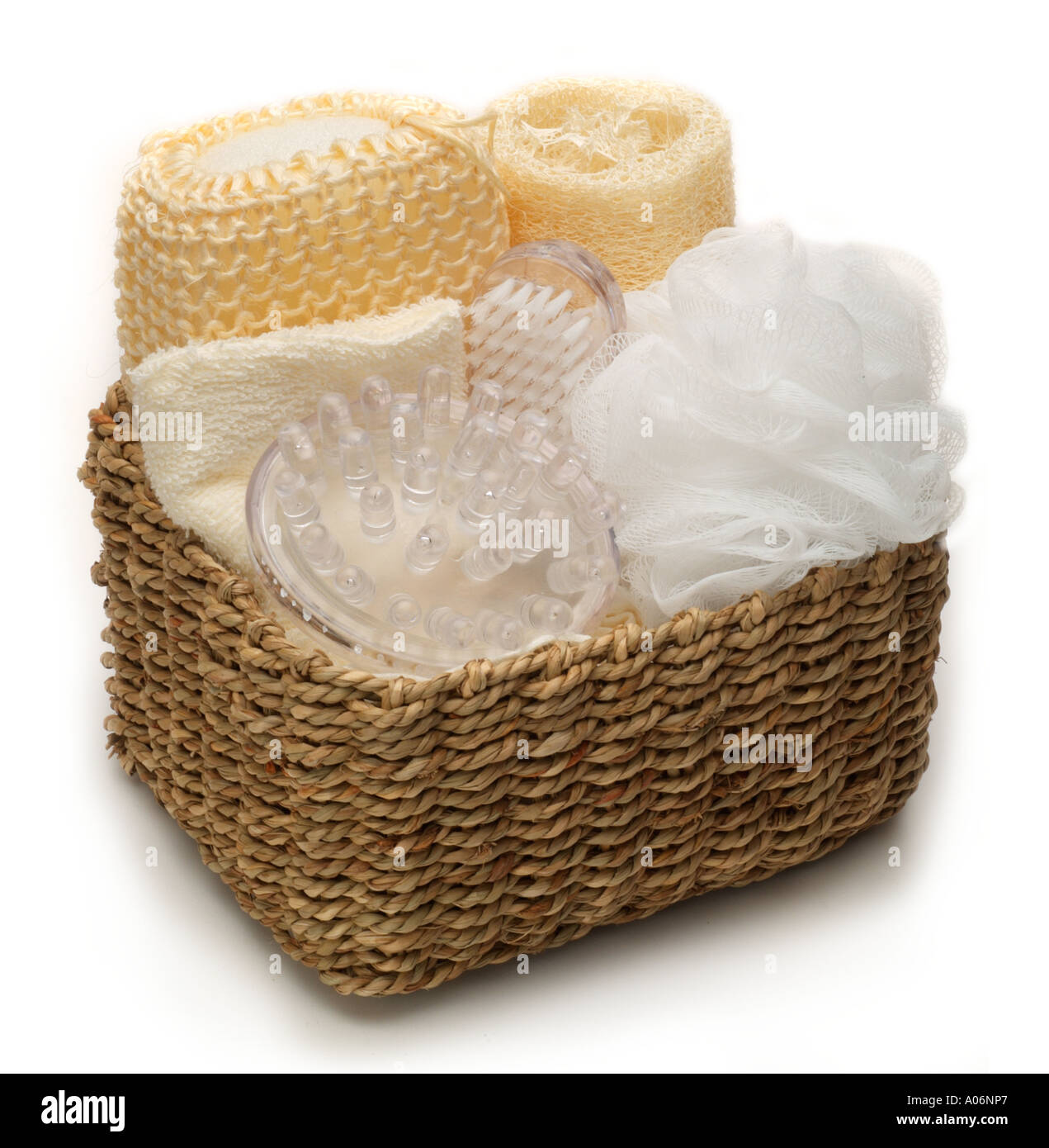 Collection of bathroom bathing items inrattan square basket Stock Photo