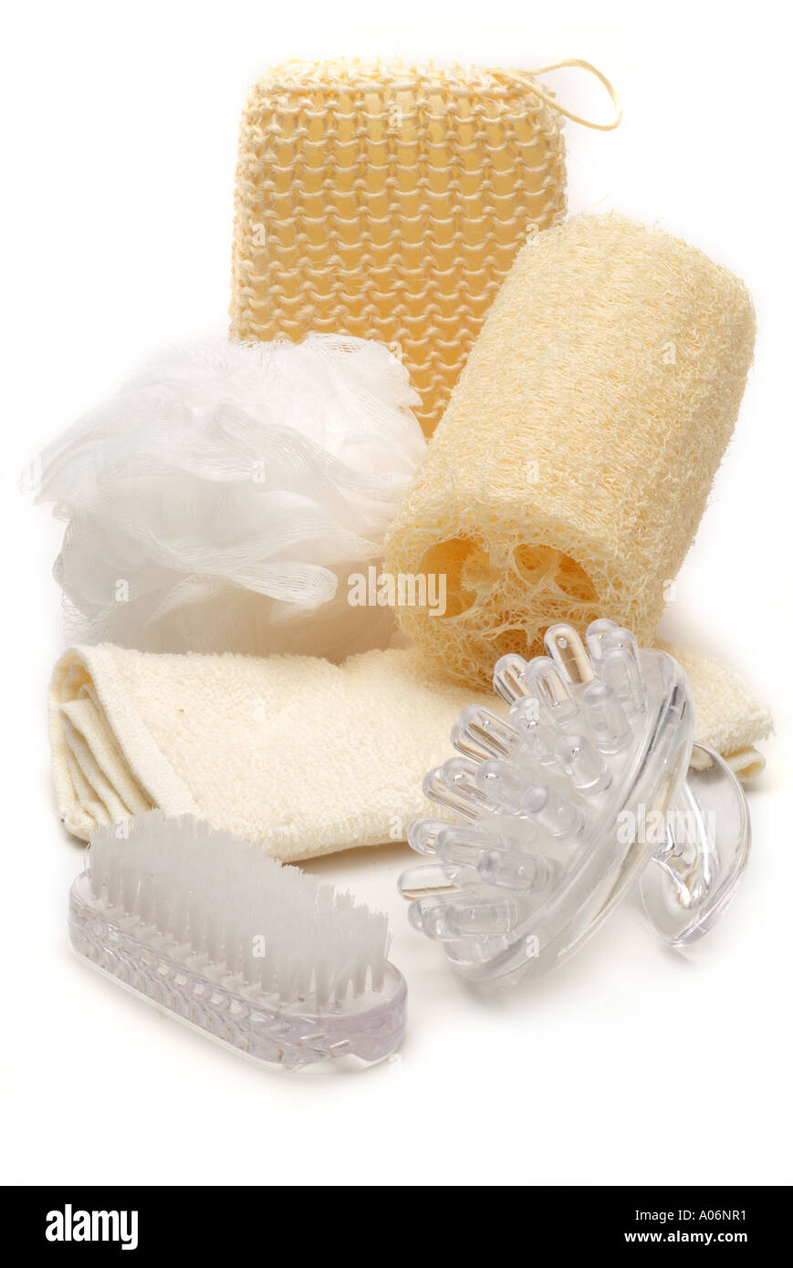 Collection of bathroom bathing items Stock Photo Alamy