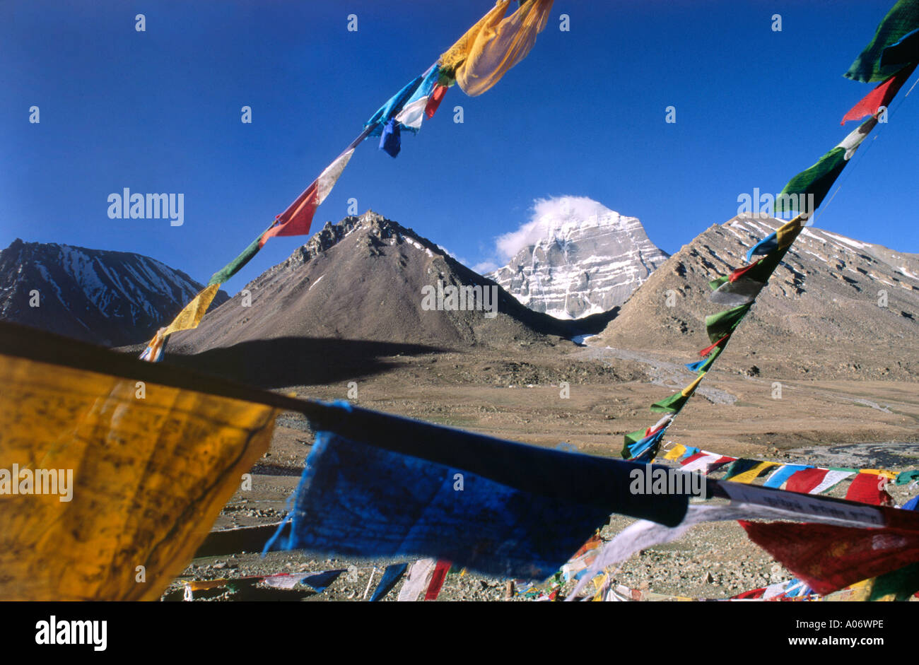 Kailash through prayer flags, Tibet Stock Photo