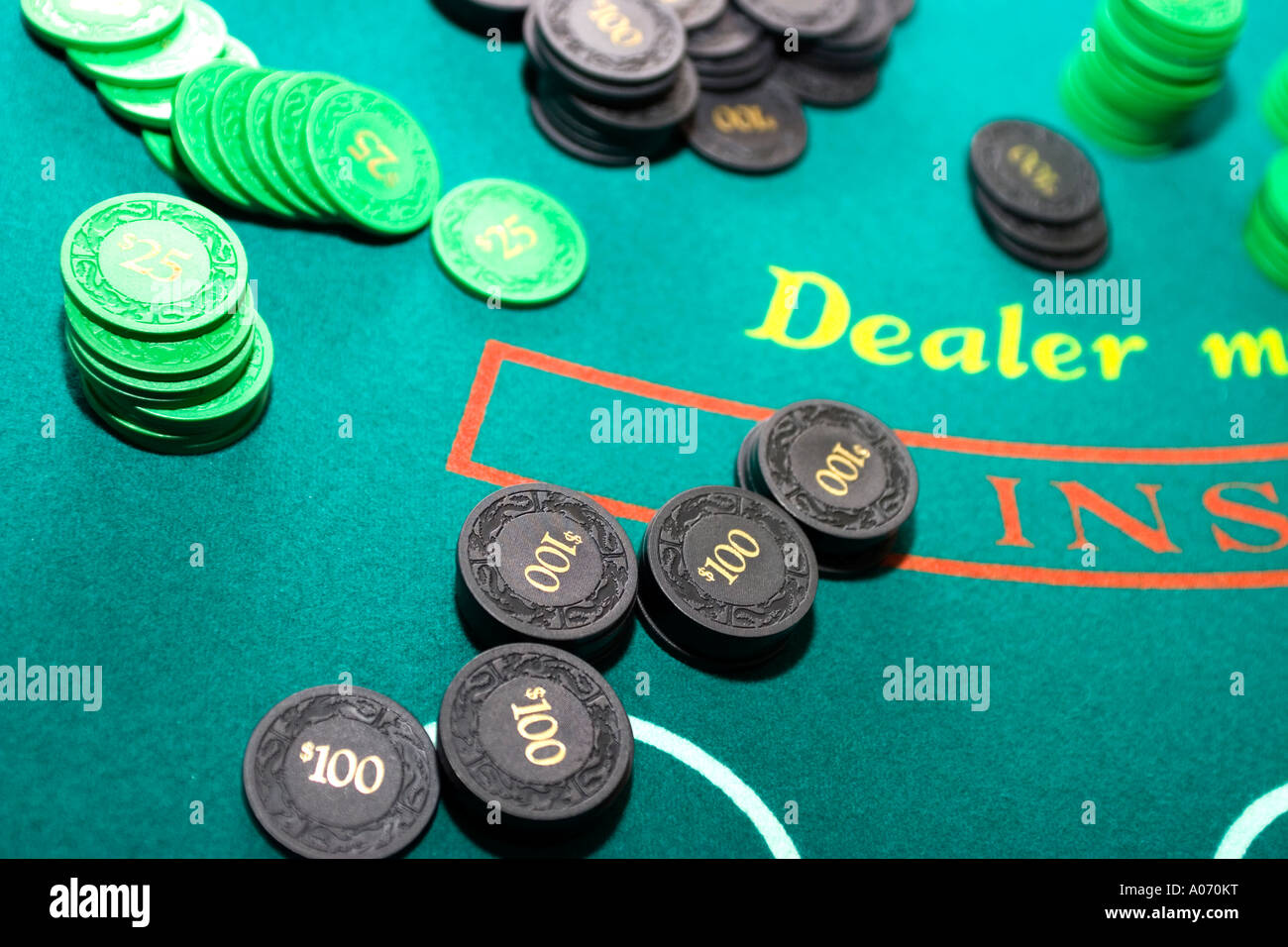 Blackjack gambling table chips Stock Photo