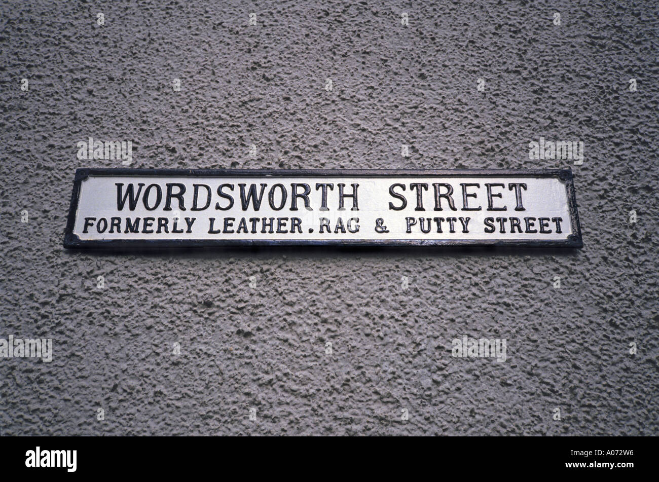 "^Wordsworth Street, "formerly Leather, Rag and ^Putty Street" sign, ^Hawkshead, Cumbria" Stock Photo