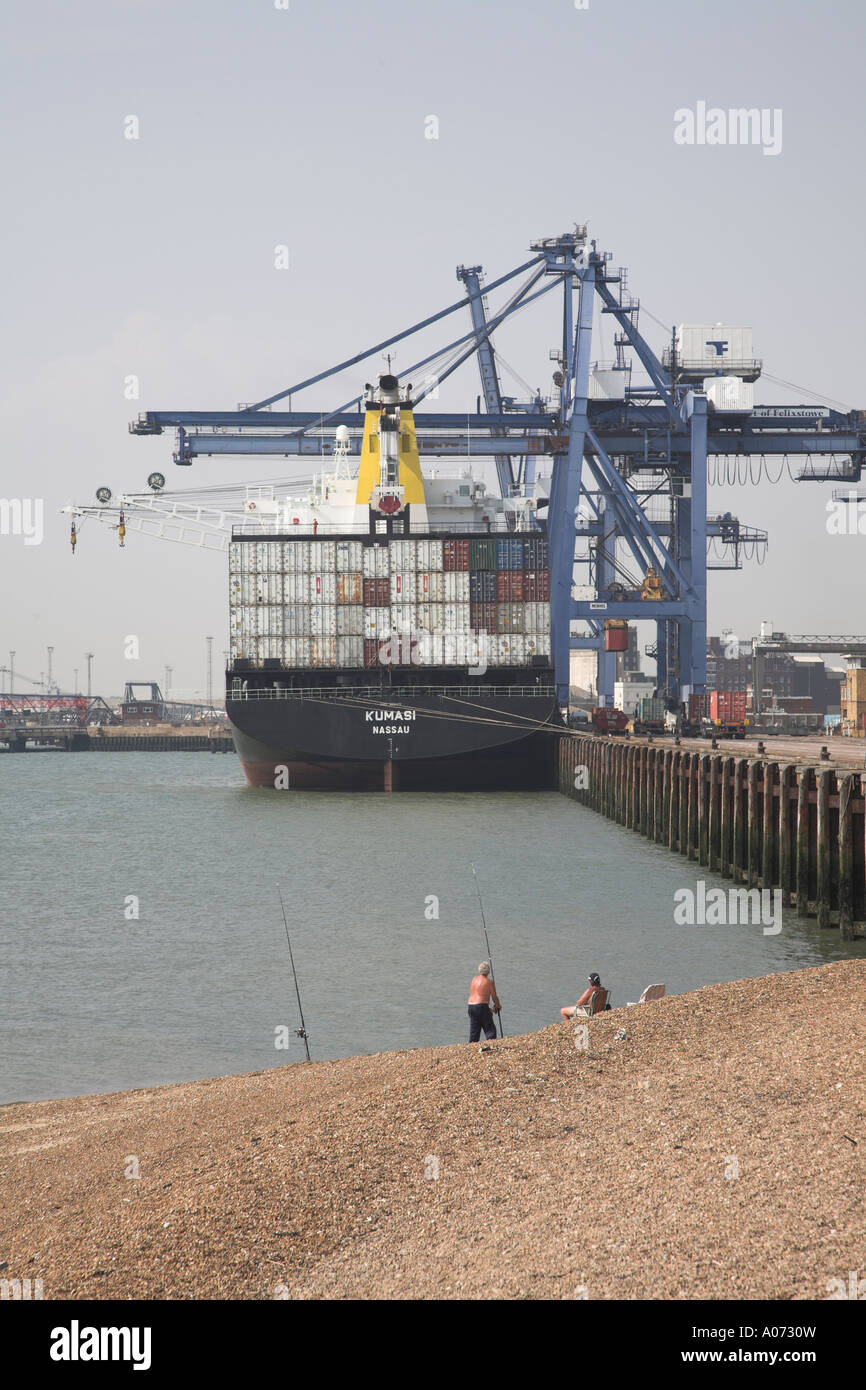 Container ship and cranes Port of Felixstowe docks, Suffolk, England ...