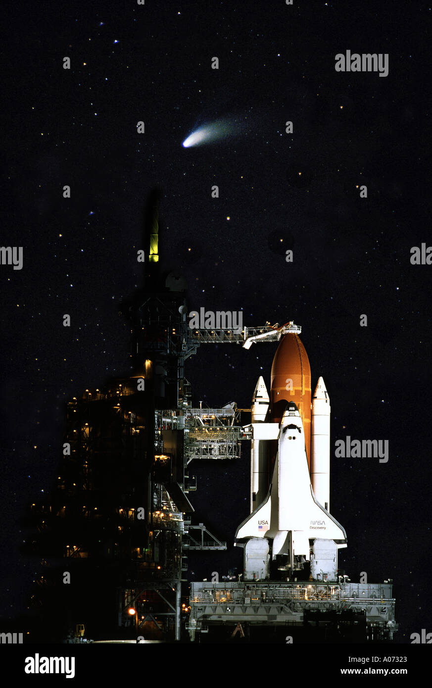 Shuttle Discovery and Hale-Bopp Comet Stock Photo
