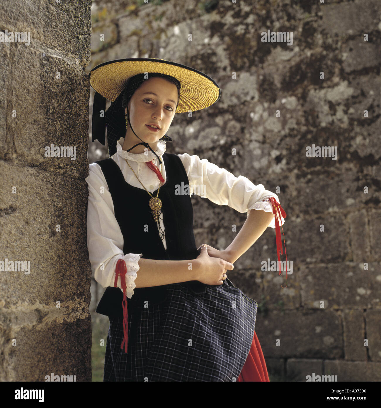 Girl in traditional Galician clothes Santiago de Compostela Galicia 
