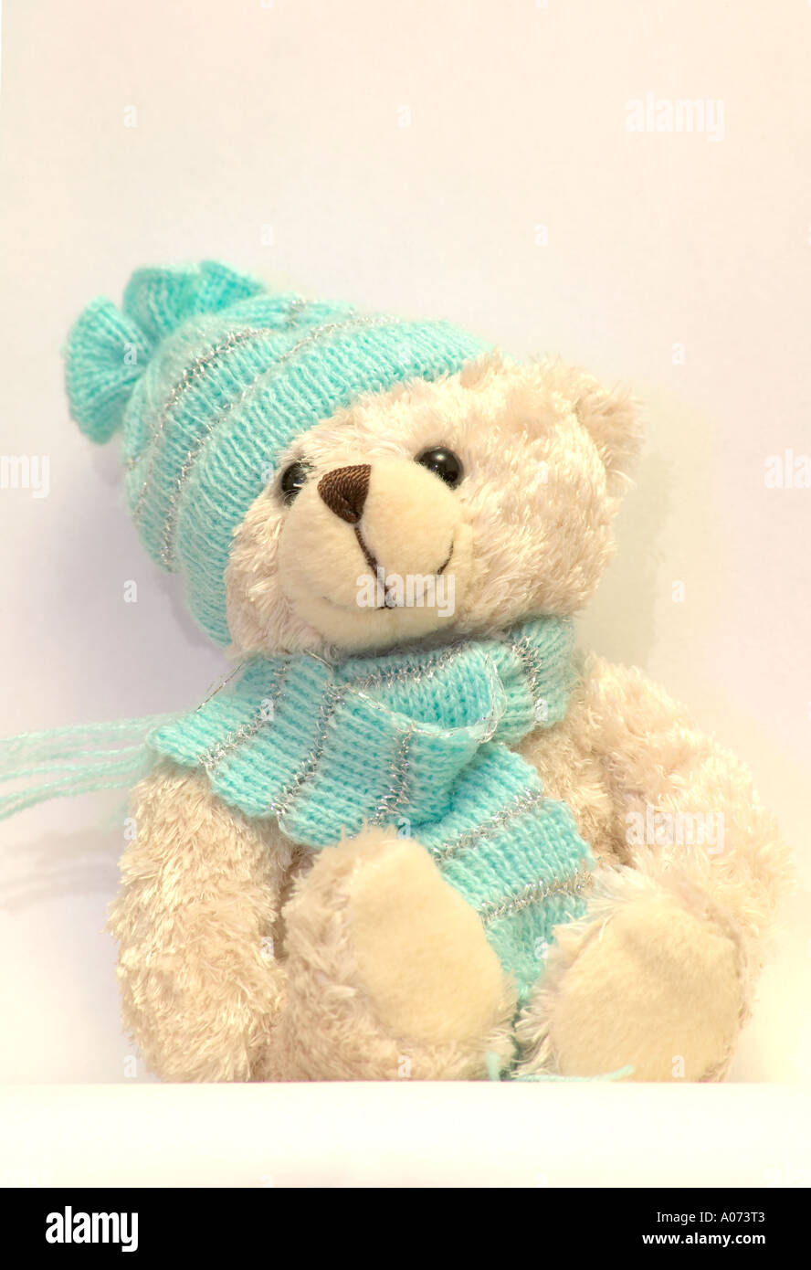 Teddy bear wearing his winter outfit of a blue scarf and hat Stock ...
