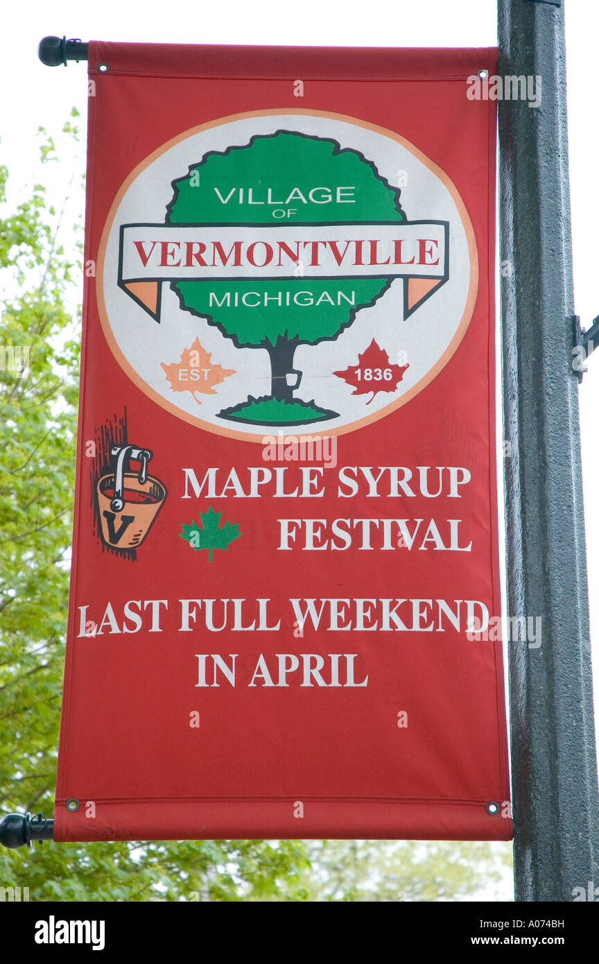 Maple Syrup Festival Sign On lamp post Vermontville Michigan USA Stock