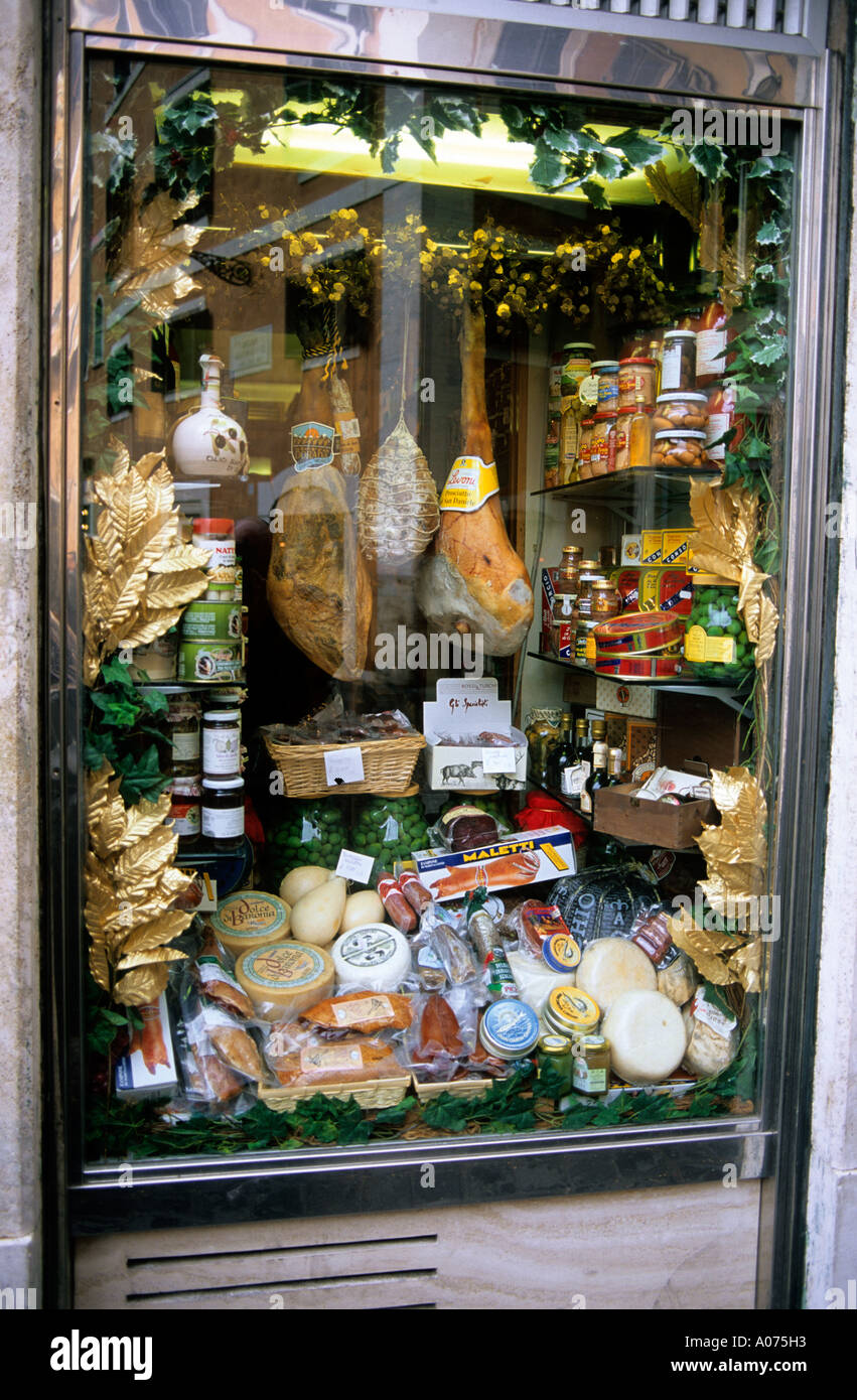 A store window display showing meats and cheeses in Rome, Italy Stock