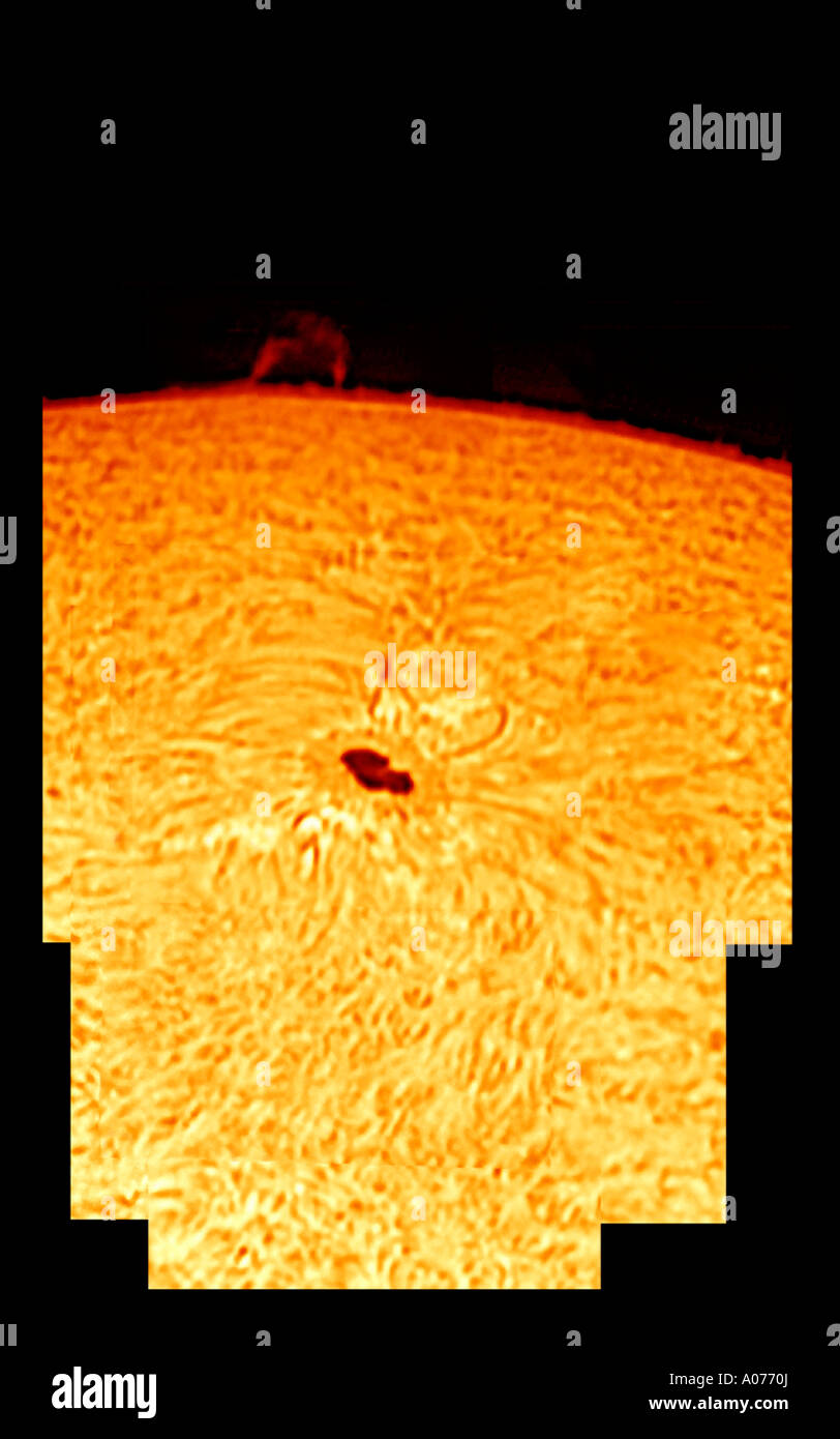 Sunspot 0923 and solar prominence in Hydrogen alpha light Stock Photo