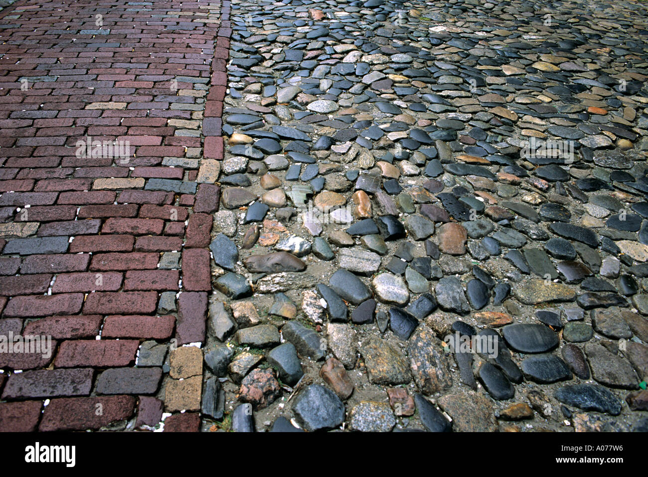 A cobblestone and brick street in Savannah, along the historic