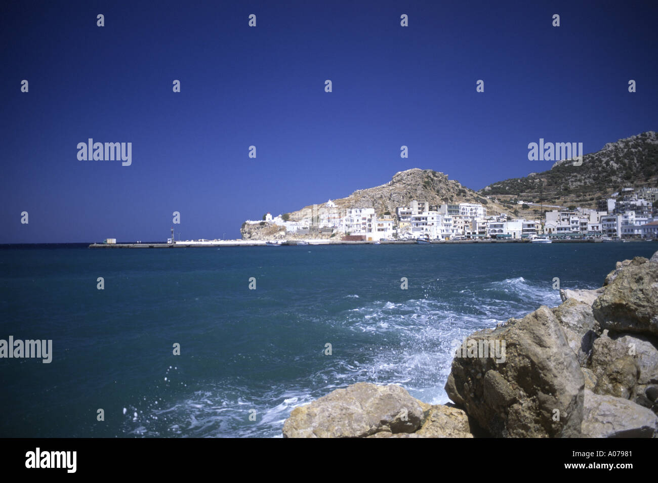 View Harbour Pigadia Karpathos Town Dodecanese Island Greece Stock