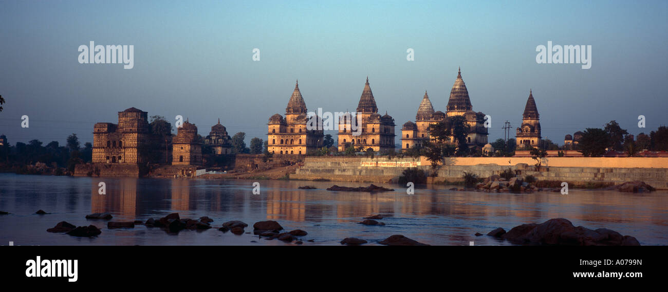 Royal Chatris  at dawn across Betwas river Orchha Stock Photo