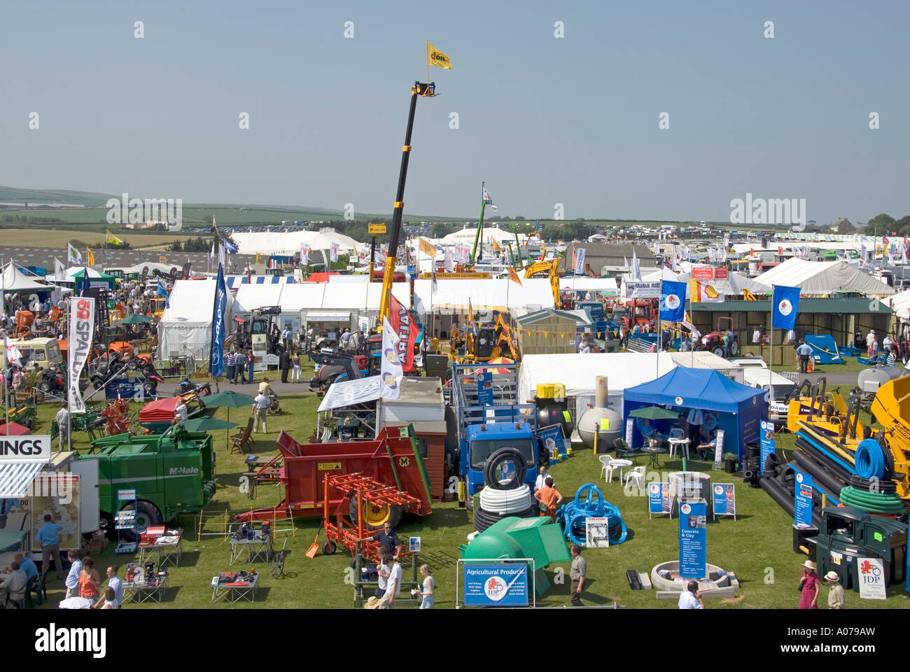 Looking down on machinery at busy Royal Cornwall County Agriculture Show & Country Fair farming industry trade business equipment stands Wadebridge UK Stock Photo