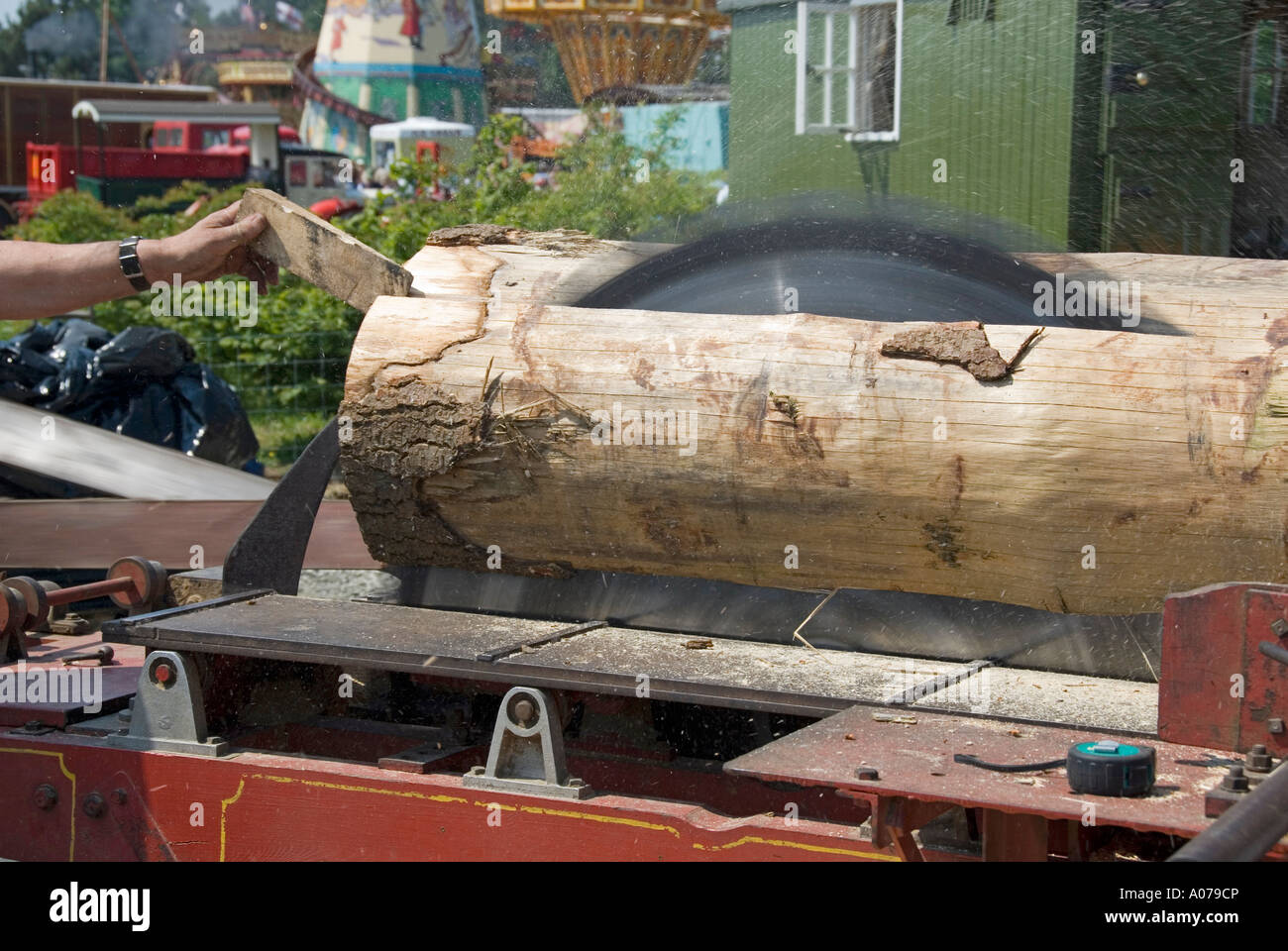 Circular blade sawing through a long tree log using a fixed large diameter  mechanically driven power saw on a bench Stock Photo - Alamy